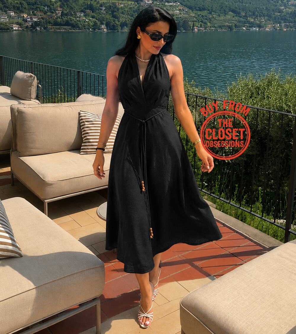 ZARA Black Linen Blend Halter Midi Dress Open Back Quiet Luxury NWT